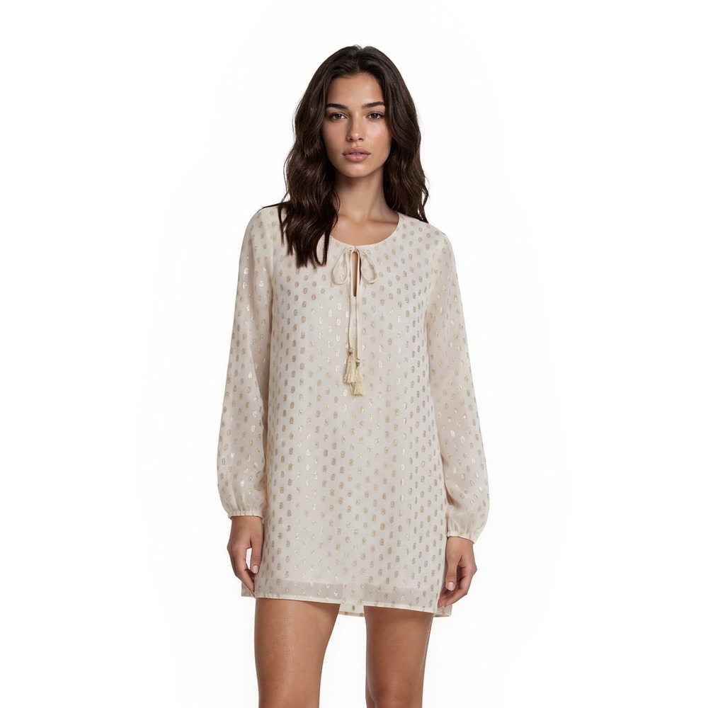 Macbeth Collection Shift Dress Womens Size Medium White Gold Metallic Dot Tassel